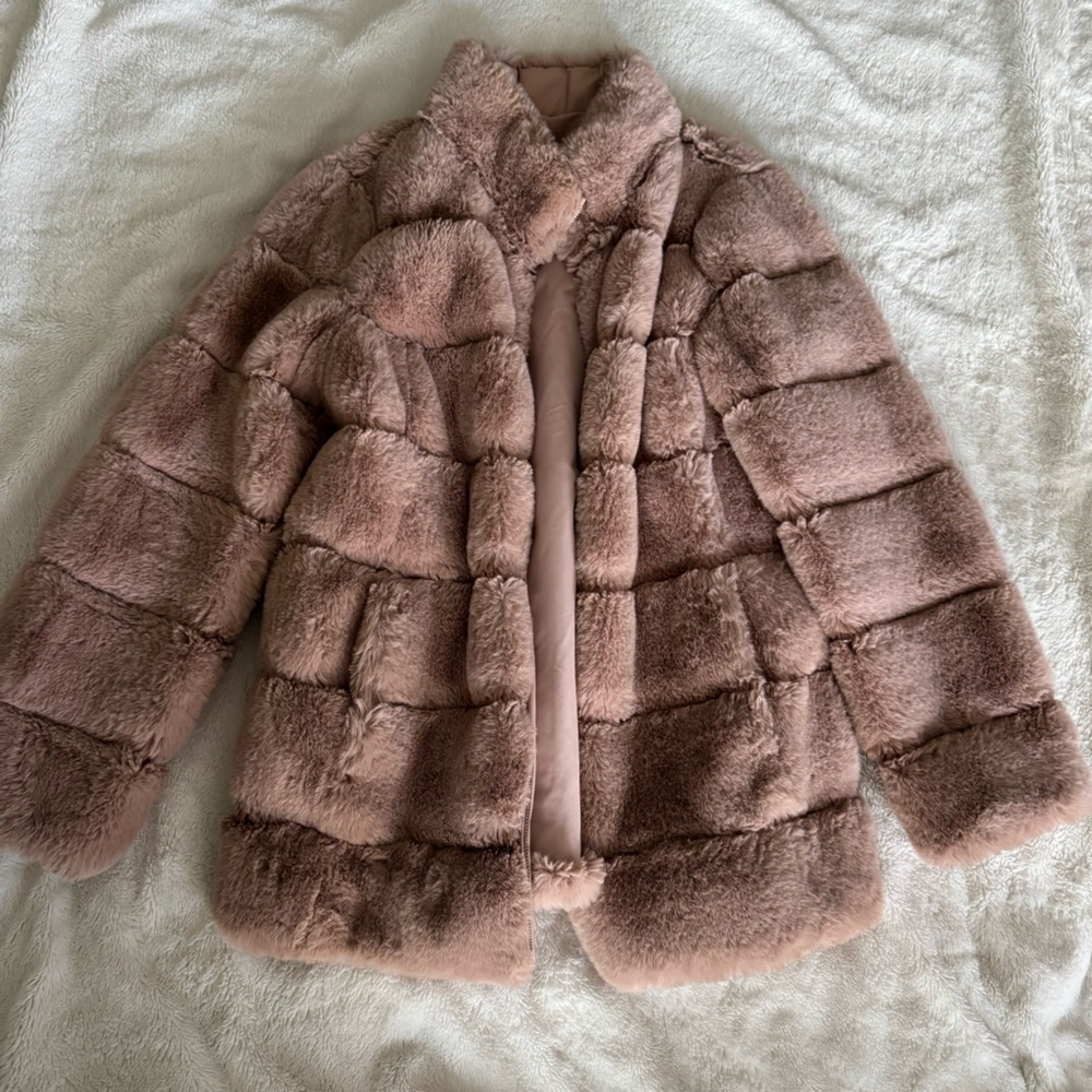 Light pink Via Spiga Faux Fur Jacket Reversible Coat with Stand Collar medium - Picture 3 of 8